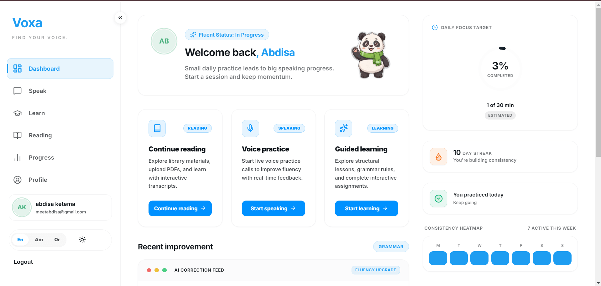 Voxa platform dashboard showing speaking practice, learning progress, and reading companion